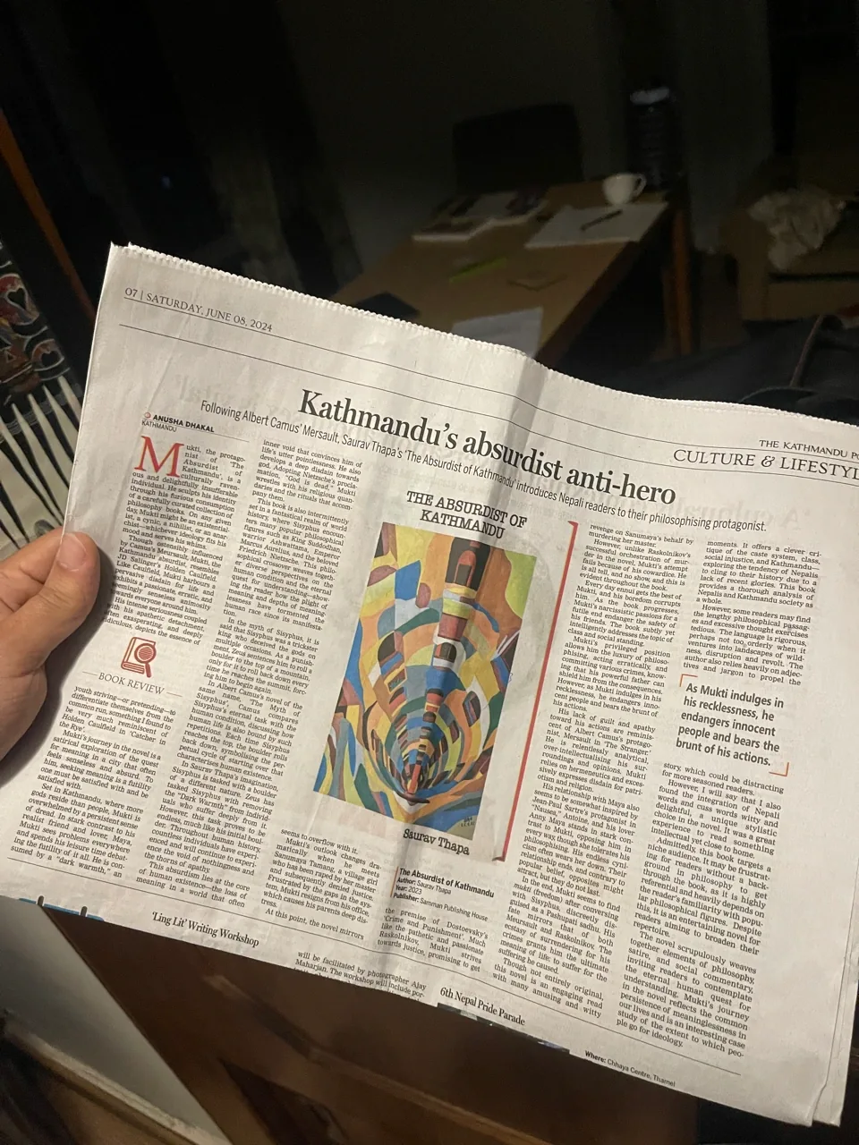 The Kathmandu Post, 8 June 2024, headline and review of The Absurdist of Kathmandu by Anusha Dhakal.